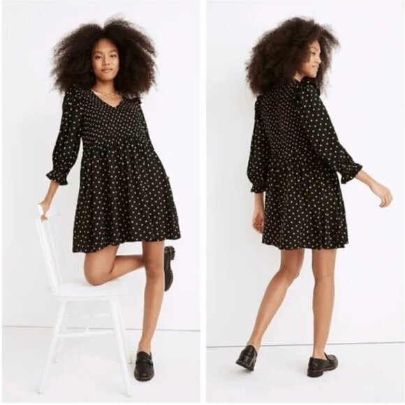 Madewell Lucie V-Neck Smocked Mini Dress in Oval Dot, XS - Picture 1 of 16